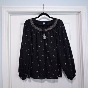 Old Navy Peasant Blouse Boho Top Embroidery Look Black With Flowers L